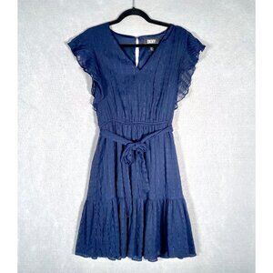 DKNY Dress Womens 6 Blue Metallic Tiered Ruffle Sleeve Cottage Quiet Luxury
